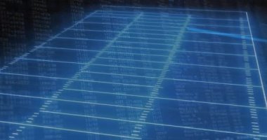 Mavi arka planda saha çizgileri ve veri işleme animasyonu olan bir futbol sahası. Spor, analiz, dijital, teknoloji, gridiron, Amerikan futbolu