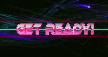 Hazır olun! Girdap çizgileri olan renkli soyut animasyon üzerine metin. canlı, hareketli, dinamik, enerjik, dijital, tasarım