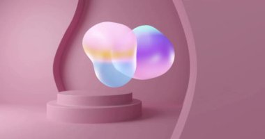 Animasyonda pembe kaidede yüzen renkli soyut şekiller. Desen, 3D, sanat, canlı, modern, yaratıcı