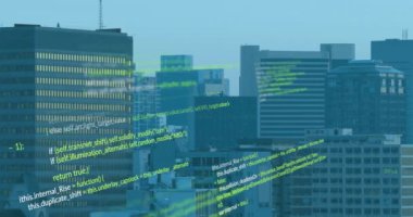 Modern binalarla şehir manzarası üzerinde bilgisayar kodu animasyonu. Teknoloji, fütüristik, yenilik, kodlama, ufuk çizgisi, geliştirme
