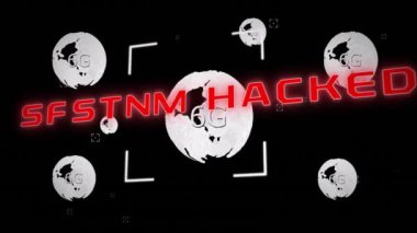 Sistem Hacklenmiş metin animasyonu siyah arkaplan üzerinde çoklu 6G ağ sembolleri üzerinde. Siber güvenlik, hackleme, dijital, teknoloji, güvenlik, siber