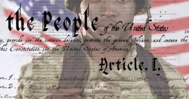 Amerikan bayrağı geçmişi olan bir asker üzerinde anayasa metni canlandırması. Vatanseverlik, bağımsızlık, özgürlük, ordu, onur, milliyetçilik