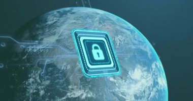 Simge ve devre hatlarını uzaydan Dünya 'ya kilitle. Siber güvenlik, teknoloji, internet, veri, küresel, koruma