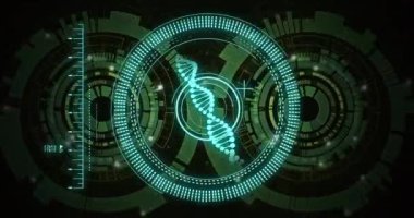 DNA ipliği ve dijital arayüz, bilimsel veri işleme animasyonu. Biyoteknoloji, genetik, moleküler, biyoenformatik, teknoloji, araştırma