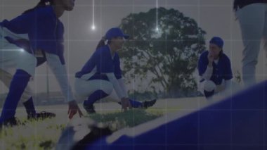 Çimen tarlasında gerinen atletlerin ızgara animasyonu. eğitim, açık hava, fitness, egzersiz, takım çalışması, spor