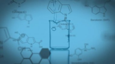 Arka plan animasyonunda beher içine sıvı, kimyasal yapılar ve formüller dökülüyor. Bilim, laboratuvar, kimya, deney, araştırma, bilim adamı