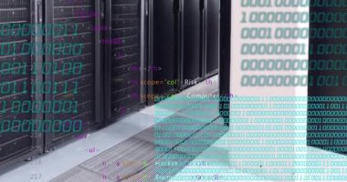 Veri merkezindeki sunucu rafları üzerinde internet güvenliğini vurgulayan ikili kod ve HTML etiketleri. Teknoloji, siber güvenlik, ağ, şifreleme, kodlama, sunucular