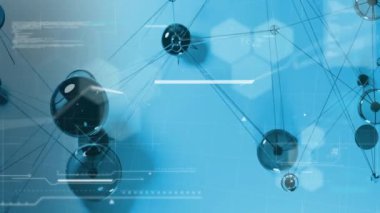 Mavi arkaplan üzerinde kürelerle bağlantılar ve veri işleme animasyonu ağı. Teknoloji, ağ oluşturma, dijital, internet, bağlantı, iletişim kavramı