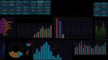 Finansal veri tabloları ve grafikleri karanlık arka planda canlandırmak. Finans, animasyon, veri görselleştirme, iş, teknoloji, analitik kavram