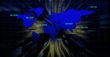 Dünya haritası üzerinde sayısal koordinatlarla küresel veri aktarımı animasyonu. Teknoloji, küreselleşme, ağ, bağlantılar, veri akışı, dijital konsept