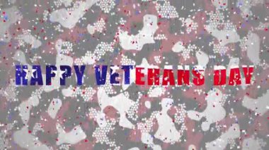 Gaziler Günü, kırmızı, beyaz ve mavi konfetilerle kamuflaj üzerine metin animasyonu. Kutlama, onur, takdir, vatanseverlik, askeri konsept