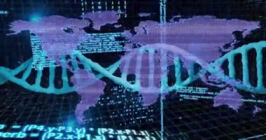 Dünya haritası üzerinde DNA iplikleri ve ikili kodlama animasyonları. Biyoteknoloji, genomik, dijital, görselleştirme, küresel, veri kavramı