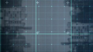 Arka plandaki bulanık binaların üzerinde şebeke ve çapraz animasyon. Teknoloji, yenilik, grafik, kaplama, dijital, ızgara çizgileri