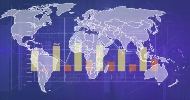 Çubuk grafikli ve altıgen desenli dünya haritası, veri analizi animasyonu. Analizler, görselleştirme, istatistikler, iş dünyası, küresel, teknoloji kavramı