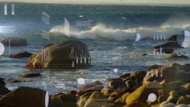 Kayalık okyanus kıyısında veri canlandırma animasyonu. Teknoloji, kayalar, manzara, yenilik, dijital, fütüristik