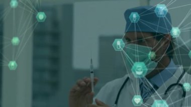 Tıbbi profesyonel şırınga, sağlık ağı ve veri animasyonu. teknoloji, yenilik, ağ oluşturma, dijital, sağlık sistemi, tanı konsepti