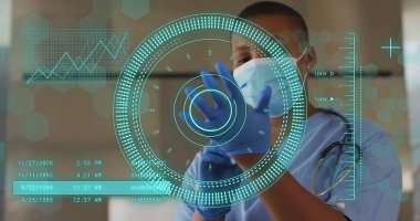 Hastanedeki Afrikalı Amerikalı kadın doktor üzerinde yapılan tarama ve veri işleme görüntüleri. Küresel tıp, sağlık, bilgisayar ve dijital arayüz kavramı dijital olarak oluşturuldu.