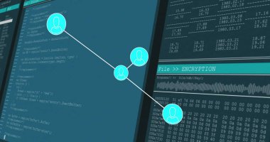 Ekranlar ve bağlantılar üzerinden veri işleme resmi. Dijital olarak oluşturulmuş küresel bağlantılar, hesaplama ve veri işleme kavramı.