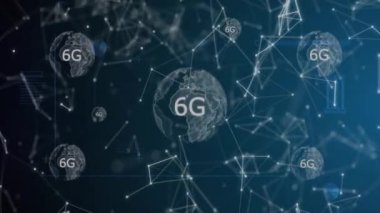 Animasyon küreleri ve geometrik şekiller üzerinden 6G metin ve ağ bağlantıları. Teknoloji, iletişim, bağlantı, gelecek, yenilik, dijital konsept