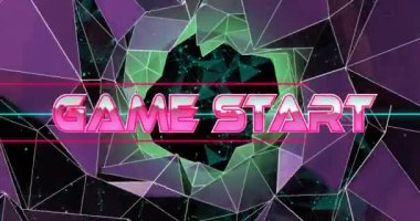 Koyu arkaplanda dijital ağ bağlantıları üzerinden Game Start metin canlandırması. Teknoloji, ağ oluşturma, siber uzay, neon, fütüristik, holografik konsept