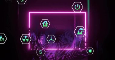 Neon çerçeve ve tropikal bitkiler üzerinde çevre ikonları animasyonu. Sürdürülebilirlik, ekoloji, doğa, yeşil, yeşillik, çevre dostu