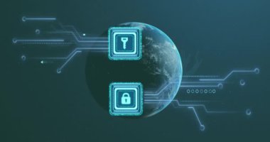 Devre çizgileri olan dijital güvenlik simgeleri. Siber güvenlik, teknoloji, koruma, internet, küresel, veri