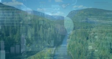 Veri analizi ve grafik animasyonu yemyeşil orman ve dolambaçlı nehir üzerinde. Doğa, teknoloji, sürdürülebilirlik, veri görselleştirme, yenilik, çevre