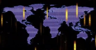 Dijital veriye sahip dünya haritası karanlık arkaplan üzerinde animasyon yayınlar. Küresel, ağ, teknoloji, fütüristik, siber güvenlik, bağlantı