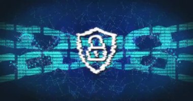 Dijital ağ bağlantıları üzerinde kilit simgesi ve ikili kodlu kalkan. Siber güvenlik, veri koruması, ağ güvenliği, şifreleme, teknoloji, internet