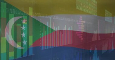 Mali veriler Comoros bayrağı üzerinde animasyon çizelgeleri gösteriyor. Ekonomi, finans, istatistik, veri görselleştirme, yatırım, analitik