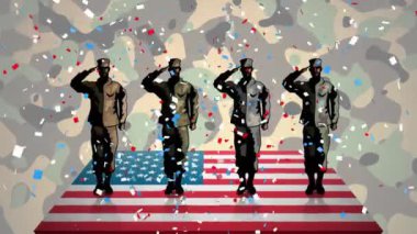 Amerikan bayrağı ve kamuflaj geçmişi olan askerleri selamlamak. Ordu, vatanseverlik, ordu, onur, selam