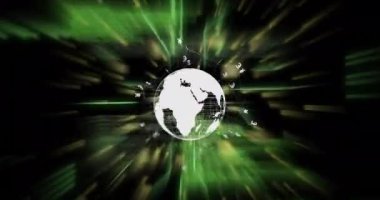 Yeşil çizgiler ve sarı karelerle dijital küre ve veri işleme animasyonu. Teknoloji, ağ, bağlantı, soyut, siber uzay, fütüristik kavram