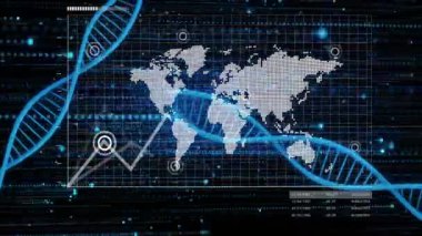 DNA iplikleri ve veri noktaları olan dünya haritası, bilimsel veri işleme animasyonu. Bilim, teknoloji, araştırma, genetik, analiz, biyoteknoloji