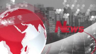 Kırmızı küre ve sahte haber metinleri şehrin arka planında altıgen desenli animasyonlar oluşturuyor. yanlış bilgilendirme, medya, aldatma, siber, aldatmaca, kentsel