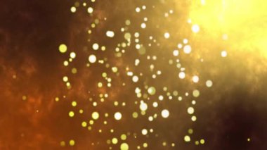 Altın bokeh ışıkları, sıcak ve parlak arka planda animasyon yapar. soyut, ışıltılı, parıltılı, ışıltılı, aydınlık, şenlikli