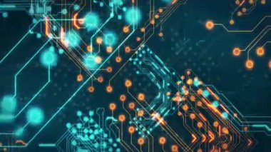 Devre kartı ve veri akışı animasyonu parlayan çizgiler ve düğümlerle. Teknoloji, elektronik, ağ, dijital, geleceksel, bağlantı