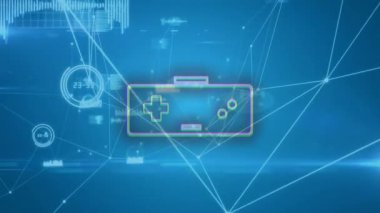 Mavi dijital ağ arkaplanı üzerinde oyun denetleyici simge animasyonu. Oyun, teknoloji, bağlantı, eğlence, sanal, etkileşimli