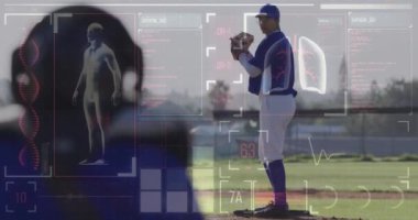 Beyzbolcu, spor performans analizi animasyonu üzerinde çalışıyor. atıcı, teknoloji, veri, hareket, atlet, atletizm