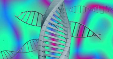 Renkli arkaplan üzerinde DNA iplikleri ve çift sarmal yapı animasyonu. Genetik, biyoteknoloji, moleküler biyoloji, genom, DNA dizilimi, biyoenformatik