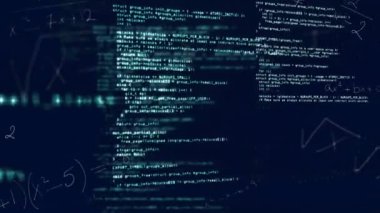 Koyu mavi arkaplan üzerinde bilgisayar kodu ve veri işleme animasyonu. Teknoloji, kodlama, programlama, dijital, bilgi, fütüristik