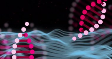 Dalgalanan mavi dalgalar üzerinde DNA iplikleri ve ikili kodlama animasyonu. Bilim, teknoloji, dijital, geleceksel, kod, veri kavramı