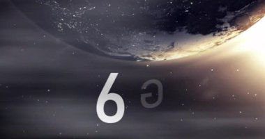 Uzayda dönen Dünya üzerinde 6G metin animasyonu. Teknoloji, yenilik, iletişim, gelecek, dijital, ağ kavramı