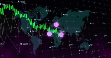 Finansal veriler ve dünya haritası üzerinde borsa haritası animasyonu. Maliye, yatırım, ticaret, küresel, ekonomi, veri analizi