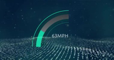 Hız göstergesi animasyonu, parlayan noktalı dijital manzara üzerinde 131 mph hız gösteriyor. teknoloji, gelecek, performans, hareket, veri, sanal