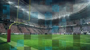 Futbol stadyumunda dijital veri işleme animasyonu kalabalıkla yapılıyor. Teknoloji, analitik, spor, eğlence, seyirci, etkinlik