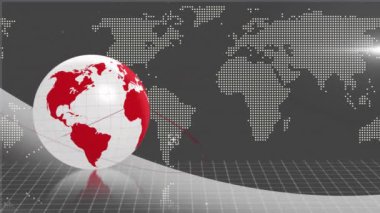 Dünya haritası, şebeke arka planı ve animasyonu üzerinde kırmızı çizgileri olan dönen bir dünya. Genel, bağlantı, veri, teknoloji, dijital, ağ kavramı