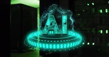 Sunucu odası arka planında yapay zeka metni ve fütüristik devre animasyonu. Teknoloji, yenilik, yapay zeka, veri, dijital, ağ kavramı