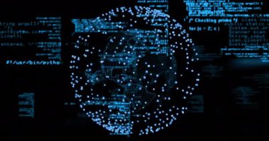 Veri noktaları olan dijital küre ve programlama kodu animasyonu. Teknoloji, kodlama, ağ, siber güvenlik, fütürist, yapay zeka kavramı
