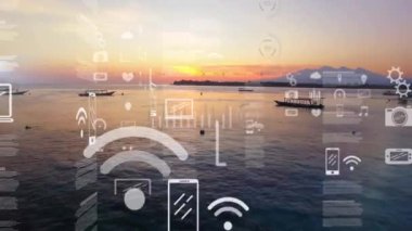 Tablolar ve grafikler, sakin okyanus günbatımında teknelerle birlikte. Teknoloji, veri, görselleştirme, analitik, istatistik, bilgi konsepti