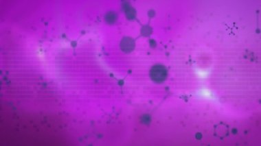 Mor zemin üzerinde moleküler yapılar ve veri noktaları canlandırılıyor. Bilim, teknoloji, veri görselleştirme, animasyon, dijital, fütüristik kavram